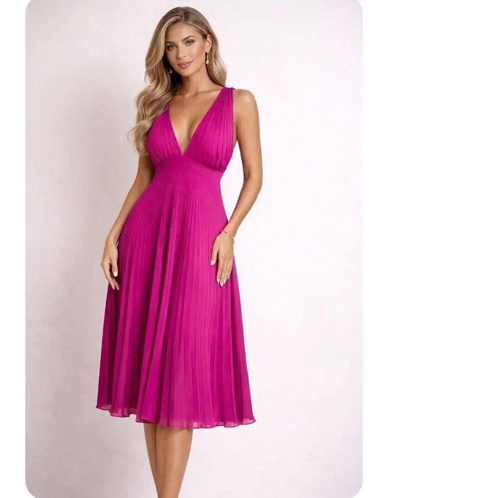 JJ's House Fuchsia A-line Deep V-Neck Knee Length Chiffon Cocktail Dress NEW 16W